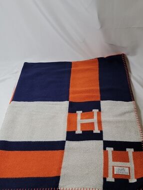 Hermès Orange Navy Cream H-Block Logo Throw